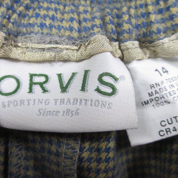 Vintage Orvis Flannel Check Houndstooth Pleat Midi Skirt Pockets Beige Blue 14 - Picture 5 of 5